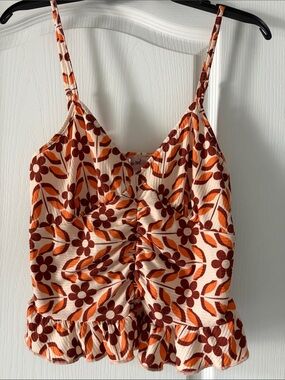 Floral Ruched Peplum Cami Top - Cream, Orange & Brown